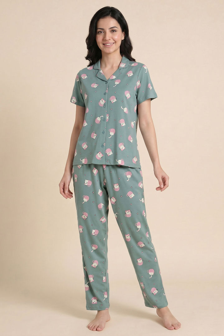 Zivame Farm Lore Knit Cotton Pyjama Set - Iceberg Green — image 2